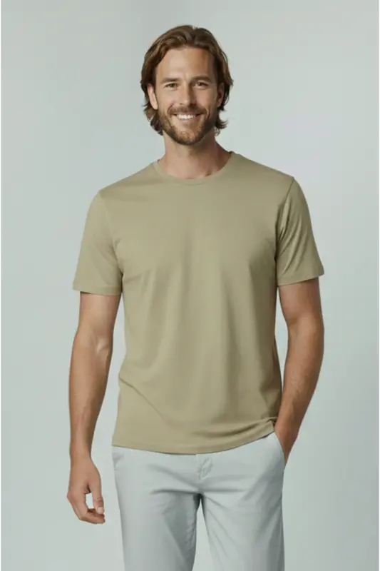 J&J Bisiklet Yaka Günlük Tişört - Khaki-Corian - 7