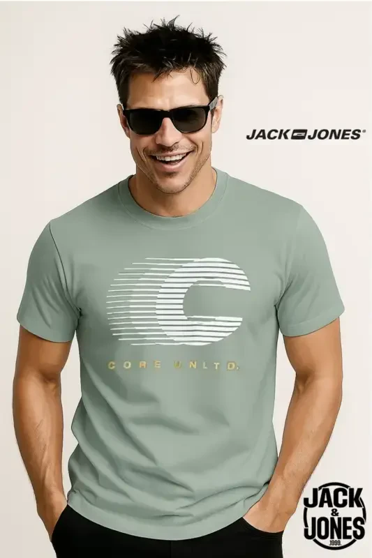 J&J Erkak Logo Bosmali Futbolka Yashil-Sea Spray Green - 8