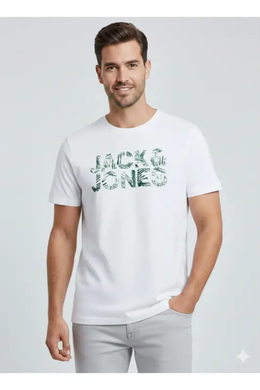J&J Erkek Bisiklet Yaka Logo Baskılı Tişört-Beyaz - JACK & JONES