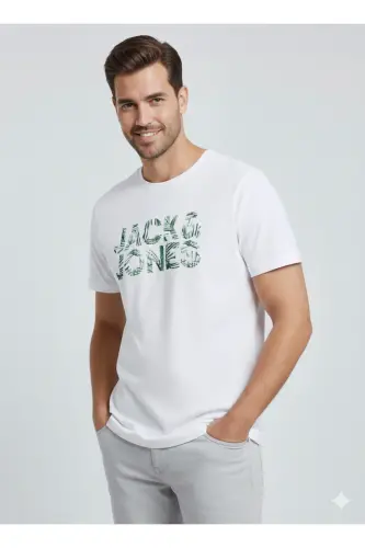 J&J Erkek Bisiklet Yaka Logo Baskılı Tişört-Beyaz - 3