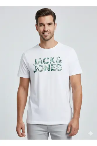 J&J Erkek Bisiklet Yaka Logo Baskılı Tişört-Beyaz - 6