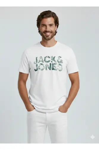 J&J Erkek Bisiklet Yaka Logo Baskılı Tişört-Beyaz - 7