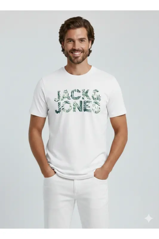 J&J Erkek Bisiklet Yaka Logo Baskılı Tişört-Beyaz - 7