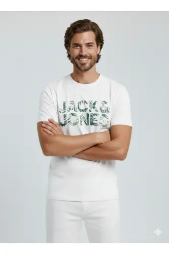 J&J Erkek Bisiklet Yaka Logo Baskılı Tişört-Beyaz - 8