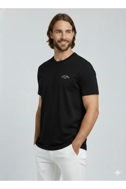 J&J Erkek Bisiklet Yaka Logo Baskılı Tişört-Black - 6