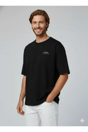 J&J Erkek Bisiklet Yaka Logo Baskılı Tişört-Black - 8