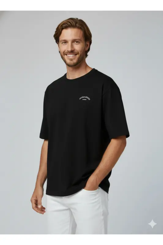 J&J Erkek Bisiklet Yaka Logo Baskılı Tişört-Black - 8