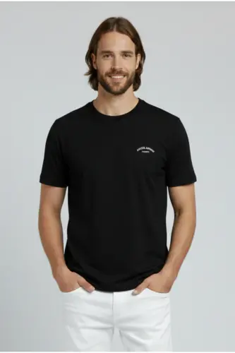 J&J Erkek Bisiklet Yaka Logo Baskılı Tişört-Black 