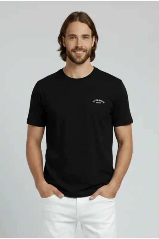 J&J Erkek Bisiklet Yaka Logo Baskılı Tişört-Black - JACK & JONES