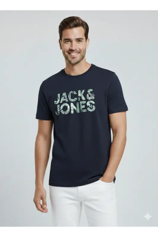 J&J Erkek Bisiklet Yaka Logo Baskılı Tişört-Lacivert - JACK & JONES