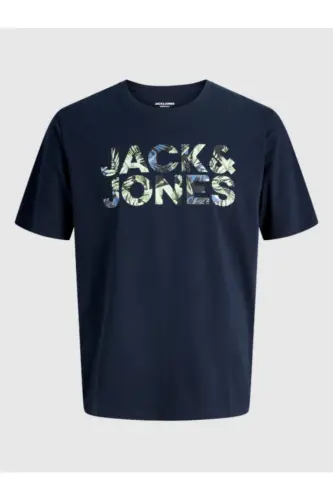 J&J Erkek Bisiklet Yaka Logo Baskılı Tişört-Lacivert - JACK & JONES (1)