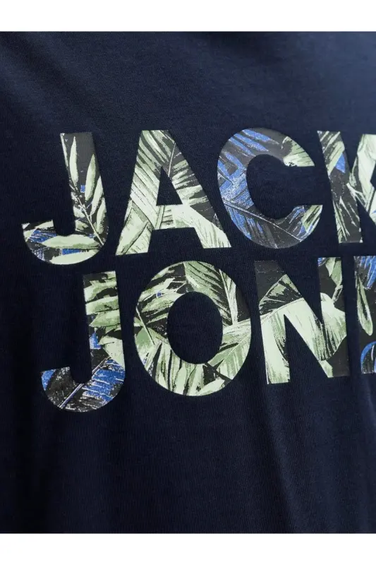 J&J Erkek Bisiklet Yaka Logo Baskılı Tişört-Lacivert - 3