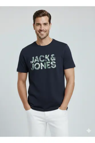 J&J Erkek Bisiklet Yaka Logo Baskılı Tişört-Lacivert - 5