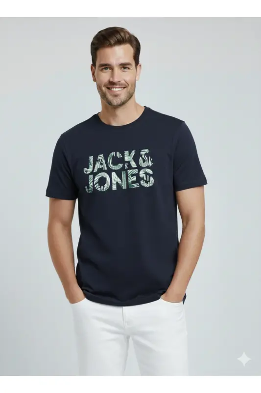 J&J Erkek Bisiklet Yaka Logo Baskılı Tişört-Lacivert - 5