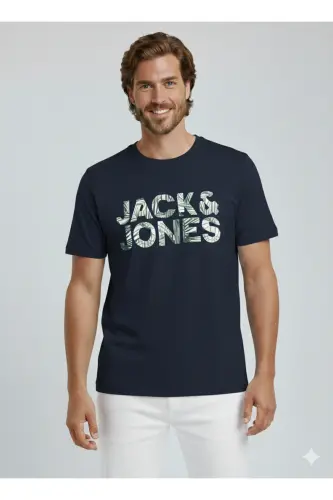 J&J Erkek Bisiklet Yaka Logo Baskılı Tişört-Lacivert - 6