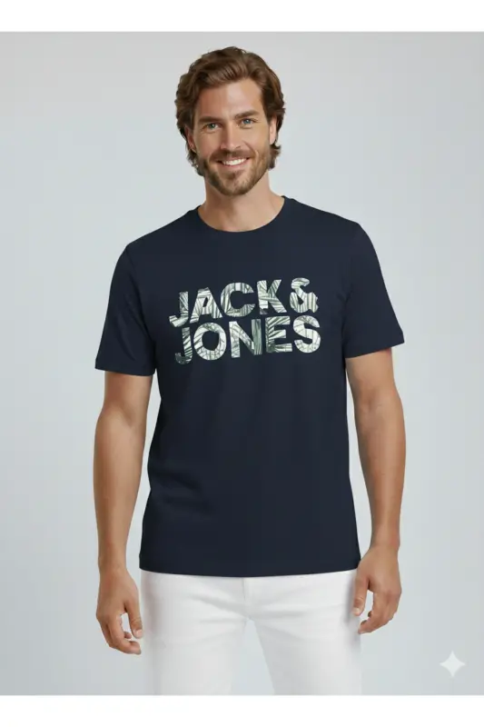 J&J Erkek Bisiklet Yaka Logo Baskılı Tişört-Lacivert - 6