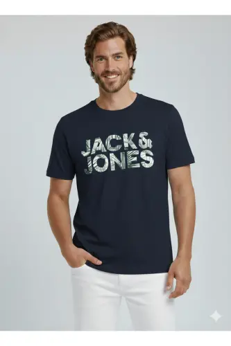 J&J Erkek Bisiklet Yaka Logo Baskılı Tişört-Lacivert - 7