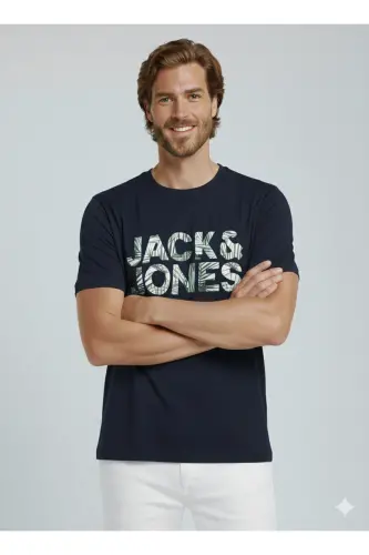 J&J Erkek Bisiklet Yaka Logo Baskılı Tişört-Lacivert - 8