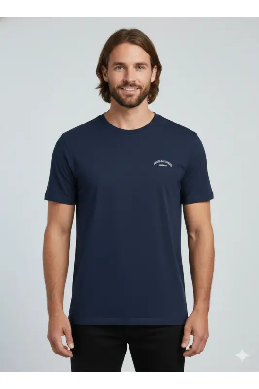 J&J Erkek Bisiklet Yaka Logo Baskılı Tişört-Navy - JACK & JONES