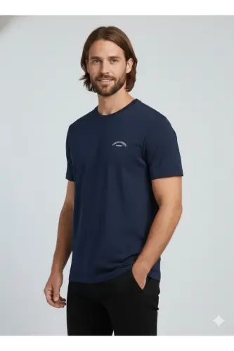 J&J Erkek Bisiklet Yaka Logo Baskılı Tişört-Navy - 6