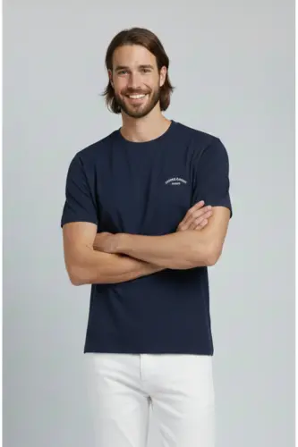 J&J Erkek Bisiklet Yaka Logo Baskılı Tişört-Navy - 8