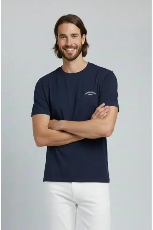 J&J Erkek Bisiklet Yaka Logo Baskılı Tişört-Navy - 8