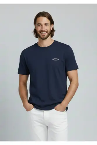 J&J Erkek Bisiklet Yaka Logo Baskılı Tişört-Navy - 7