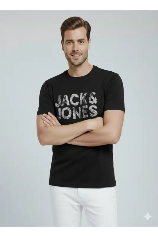 J&J Erkek Bisiklet Yaka Logo Baskılı Tişört-Siyah - 6