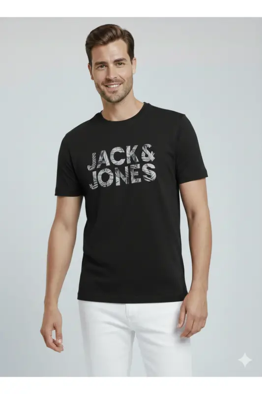 J&J Erkek Bisiklet Yaka Logo Baskılı Tişört-Siyah - 5