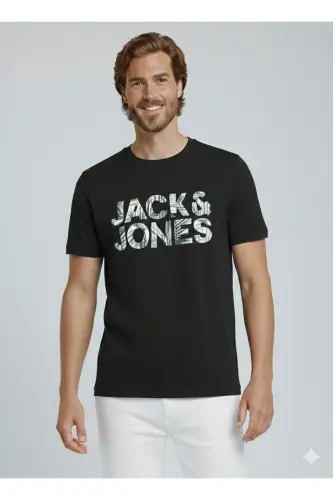 J&J Erkek Bisiklet Yaka Logo Baskılı Tişört-Siyah - 7