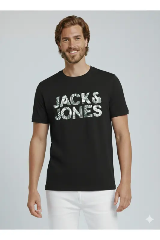 J&J Erkek Bisiklet Yaka Logo Baskılı Tişört-Siyah - 7