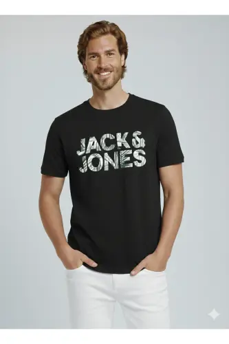 J&J Erkek Bisiklet Yaka Logo Baskılı Tişört-Siyah - 8