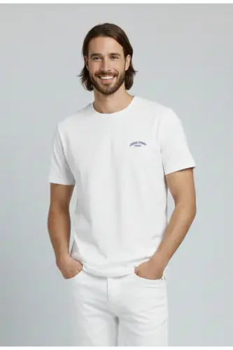 J&J Erkek Bisiklet Yaka Logo Baskılı Tişört-White 