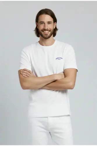 J&J Erkek Bisiklet Yaka Logo Baskılı Tişört-White - 7