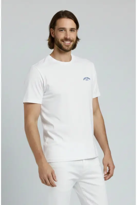 J&J Erkek Bisiklet Yaka Logo Baskılı Tişört-White - 8