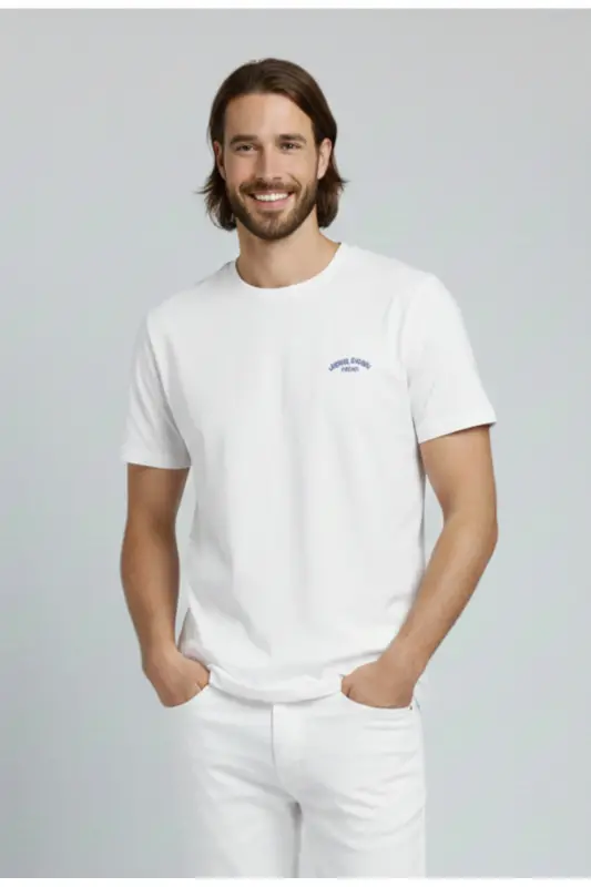 J&J Erkek Bisiklet Yaka Logo Baskılı Tişört-White - 1