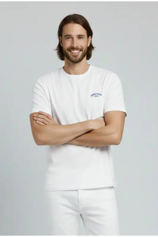 J&J Erkek Bisiklet Yaka Logo Baskılı Tişört-White - 7