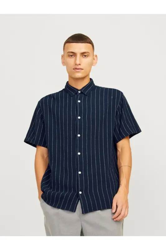 J&J JORJOSHUA Erkek Kısa Kol Gömlek Lacivert 12262660-Sky Captain - JACK & JONES