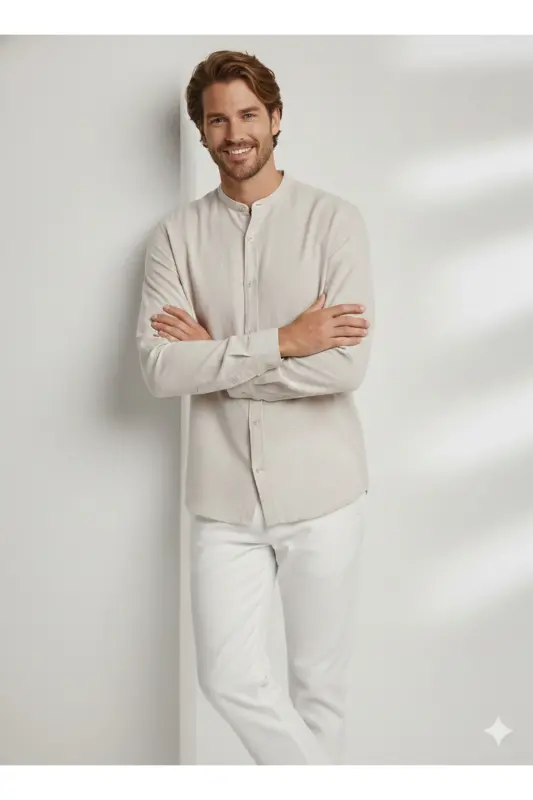 J&J Lifestyle Trendy Fashion Erkek Günlük Hakim Yaka Gömlek-Bej / Crokery - 6