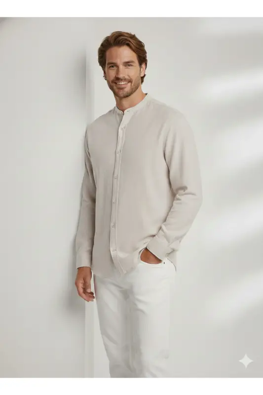 J&J Lifestyle Trendy Fashion Erkek Günlük Hakim Yaka Gömlek - Bej / Crokery - 15
