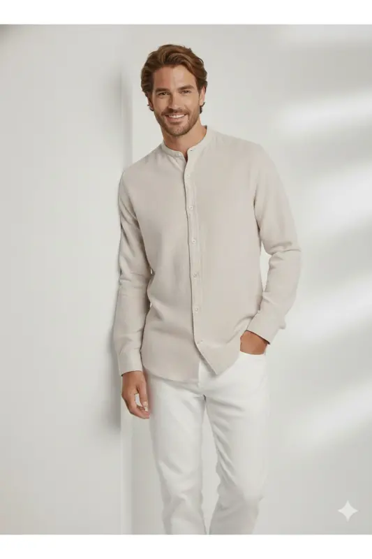J&J Lifestyle Trendy Fashion Erkek Günlük Hakim Yaka Gömlek - Bej / Crokery - 16