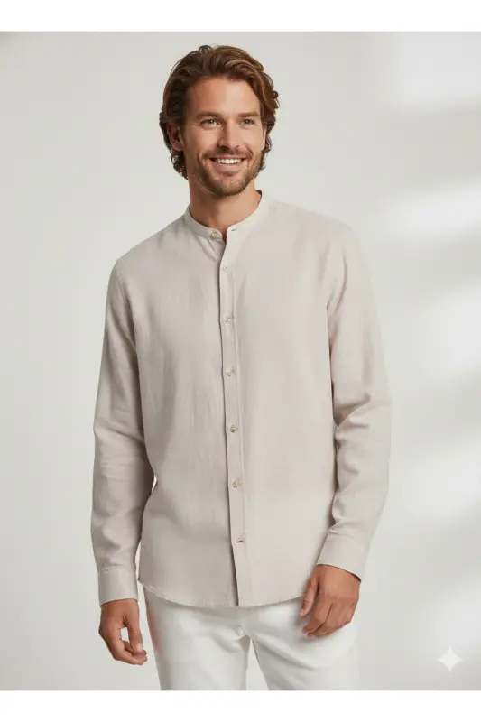 J&J Lifestyle Trendy Fashion Erkek Günlük Hakim Yaka Gömlek - Bej / Crokery - 1