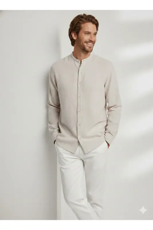 J&J Lifestyle Trendy Fashion Erkek Günlük Hakim Yaka Gömlek - Bej / Crokery - 5