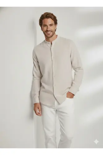 J&J Lifestyle Trendy Fashion Erkek Günlük Hakim Yaka Gömlek - Bej / Crokery - 8