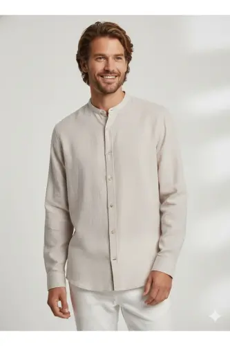 J&J Lifestyle Trendy Fashion Erkek Günlük Hakim Yaka Gömlek-Bej / Crokery - 1