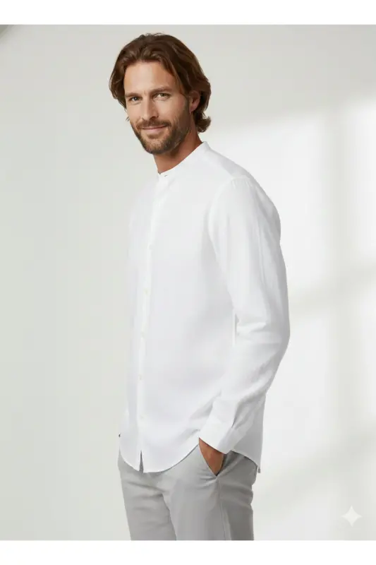 J&J Lifestyle Trendy Fashion Erkek Günlük Hakim Yaka Gömlek-Beyaz / Summer Fig - 6