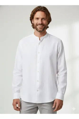 J&J Lifestyle Trendy Fashion Erkek Günlük Hakim Yaka Gömlek-Beyaz / Summer Fig - 7