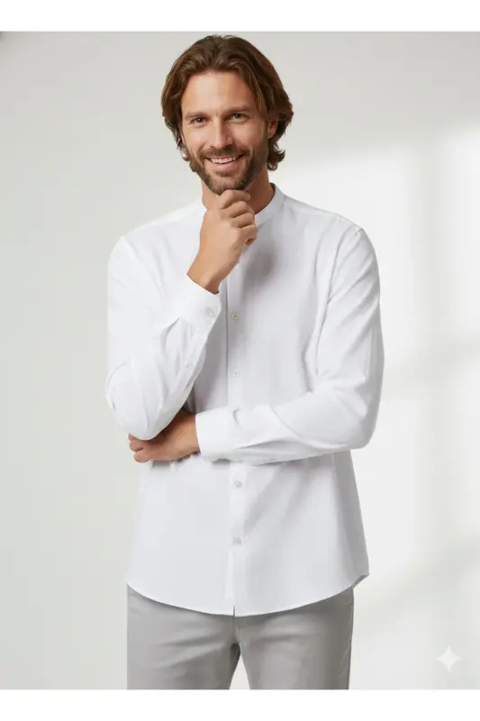 J&J Lifestyle Trendy Fashion Erkek Günlük Hakim Yaka Gömlek - Beyaz / Summer Fig - 5