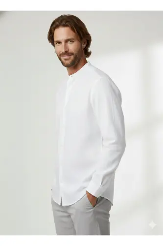 J&J Lifestyle Trendy Fashion Erkek Günlük Hakim Yaka Gömlek - Beyaz / Summer Fig - 6