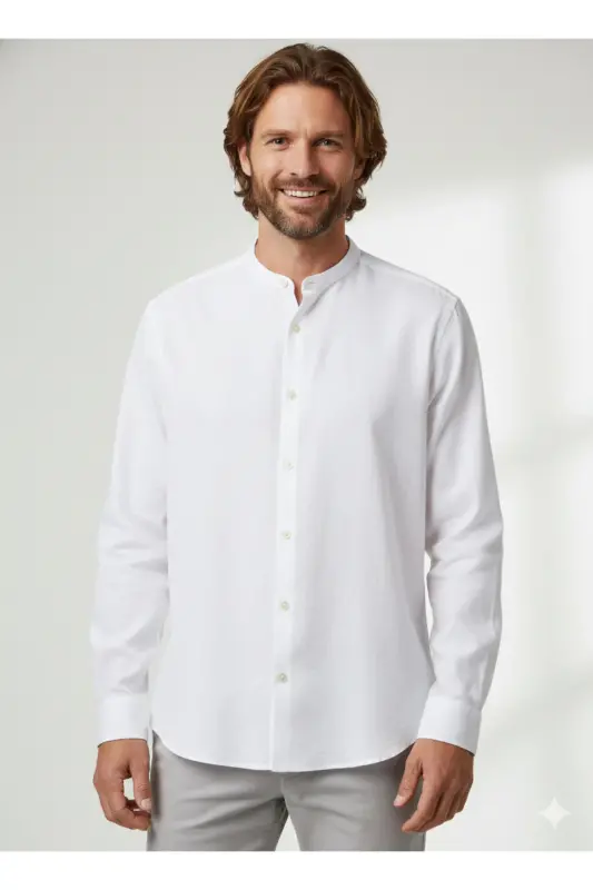 J&J Lifestyle Trendy Fashion Erkek Günlük Hakim Yaka Gömlek - Beyaz / Summer Fig - 7